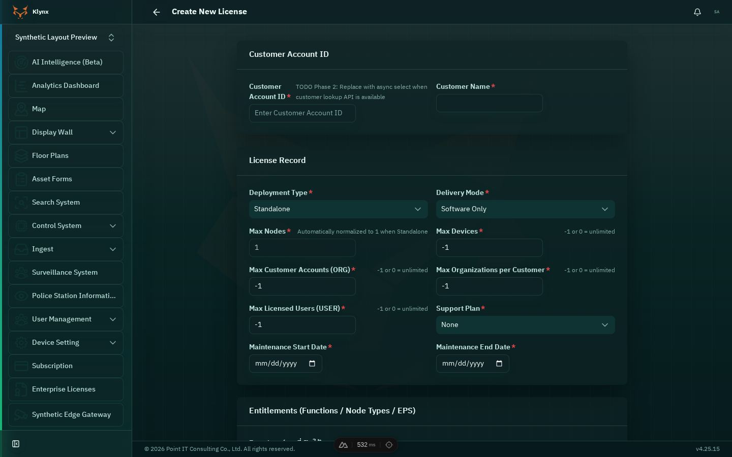 หน้าจอ สร้าง License ใหม่ ของ Klynx