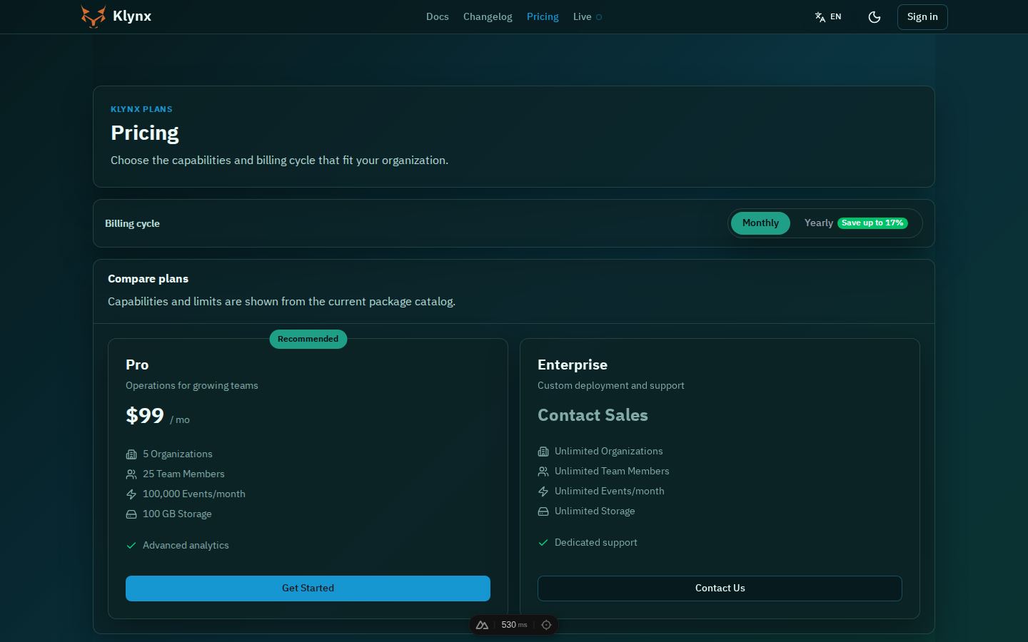 หน้าจอ pricing ของ Klynx